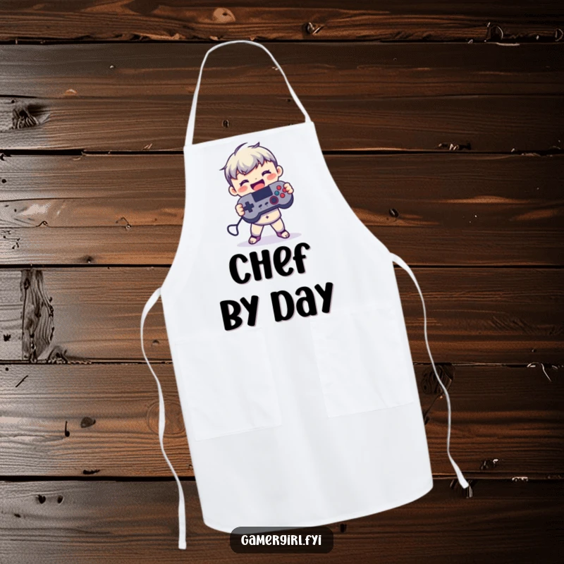 Funny apron with a small figure joyfully holding a game controller with both hands, ready for kitchen challenges or game night.