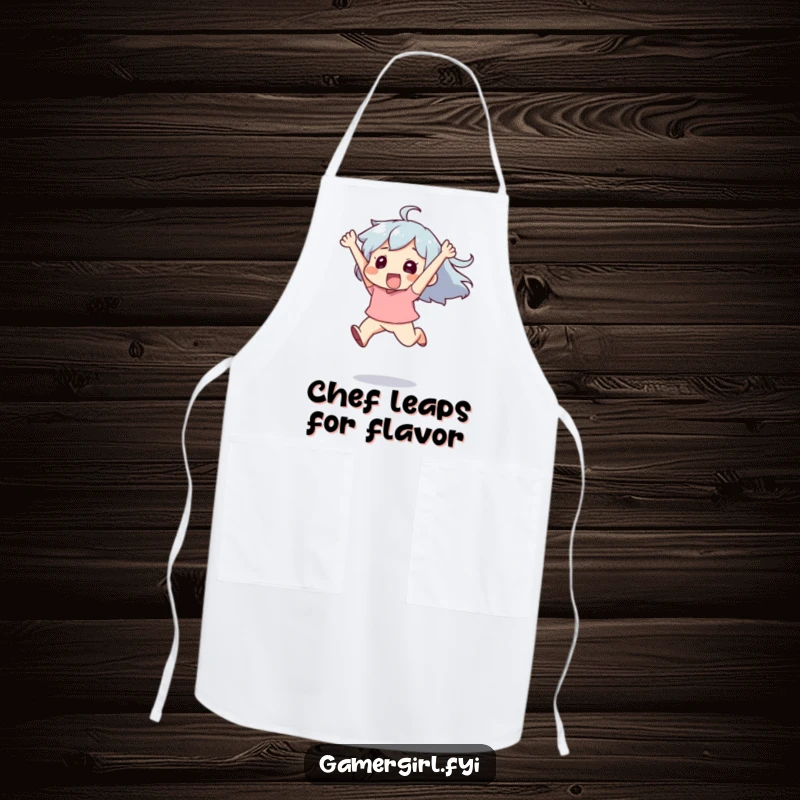 Funny apron with a character leaping with unbridled exhilaration, bringing energetic joy to cooking and kitchen tasks.