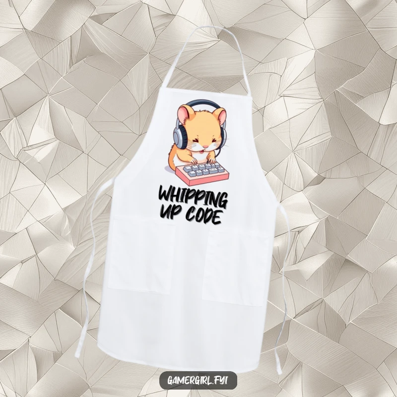 Funny apron showing a focused hamster in headphones, typing on a tiny keyboard, ideal for chefs and home cooks alike.
