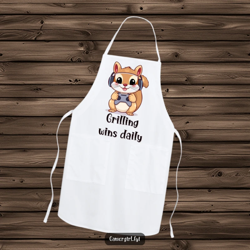 Funny apron showcasing a mischievous squirrel wearing a gamer headset, holding a controller. Kitchen apparel for gamers.