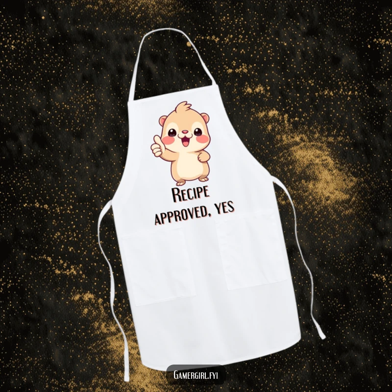 Funny apron with a tiny creature enthusiastically giving a thumbs-up, showing approval for cooking and kitchen tasks.