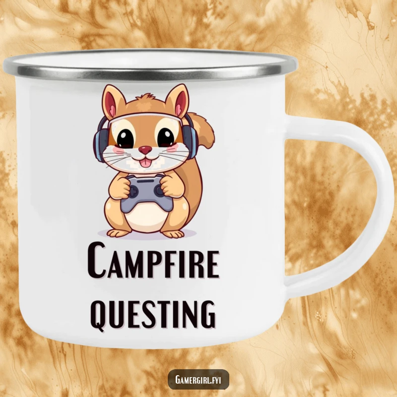 Funny camping mug depicting a mischievous squirrel wearing a gamer headset, holding a controller. Outdoor gear for gamers.