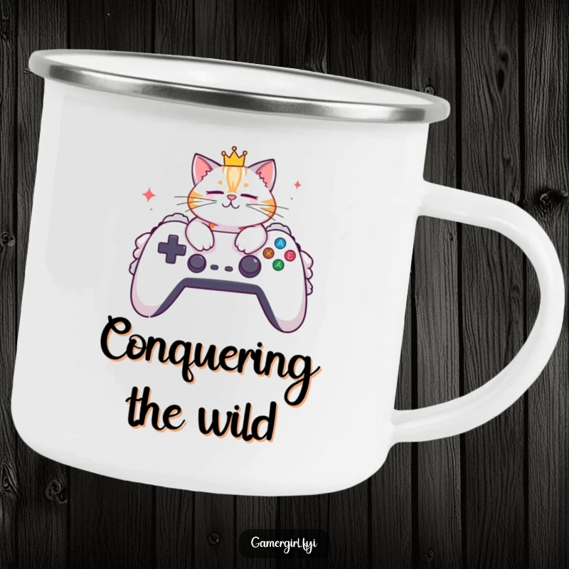 Funny camping mug depicting a crowned cat lounging on a fluffy gaming controller. Perfect for outdoor gaming.