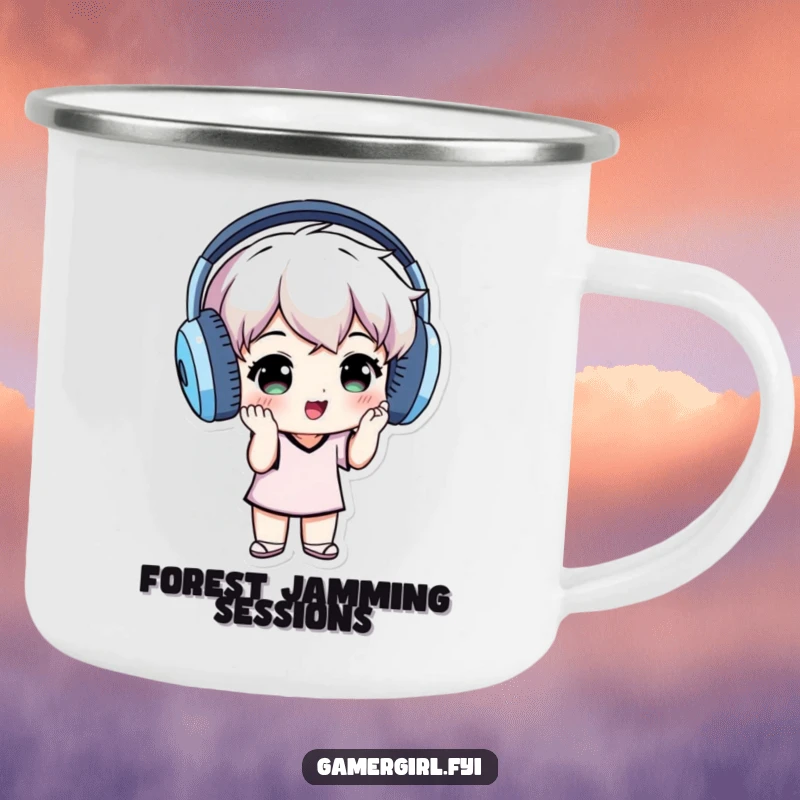 Funny enamel camping mug featuring a small individual wearing oversized headphones, grooving to music, perfect for outdoor jams.
