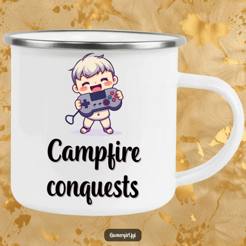 Funny enamel camping mug featuring a small figure joyfully holding a game controller with both hands, perfect for gamer getaways.