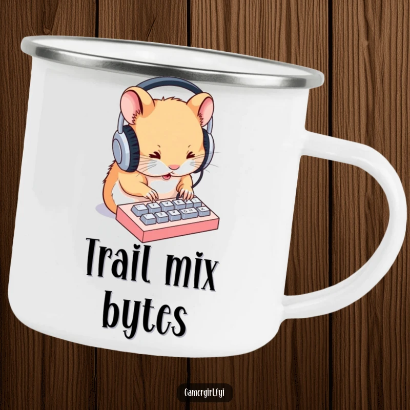 Funny camping mug displaying a focused hamster with oversized headphones, typing on a tiny keyboard, perfect for outdoor enthusiasts.