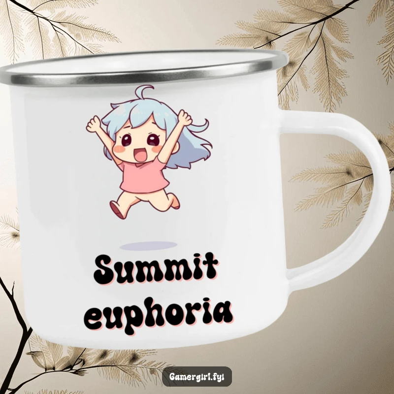 Funny enamel camping mug featuring a character leaping high in the air with pure exhilaration, perfect for outdoor celebrations.