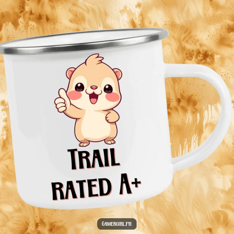 Funny enamel camping mug featuring a tiny creature enthusiastically giving a thumbs-up, perfect for outdoor approvals.