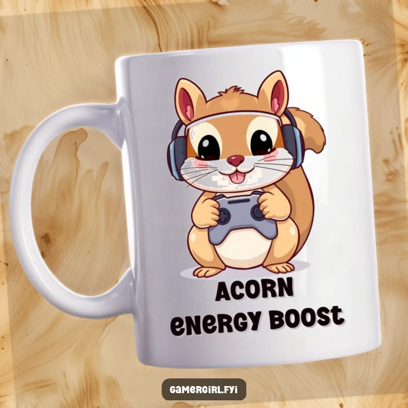 Funny mug featuring a mischievous squirrel wearing a small gamer headset, gripping a controller with both paws, ready to play.