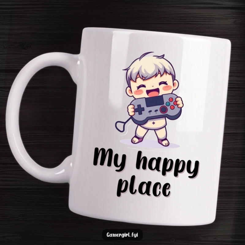 Funny mug showing a small figure joyfully holding a game controller with both hands, celebrating the pure fun of gaming.
