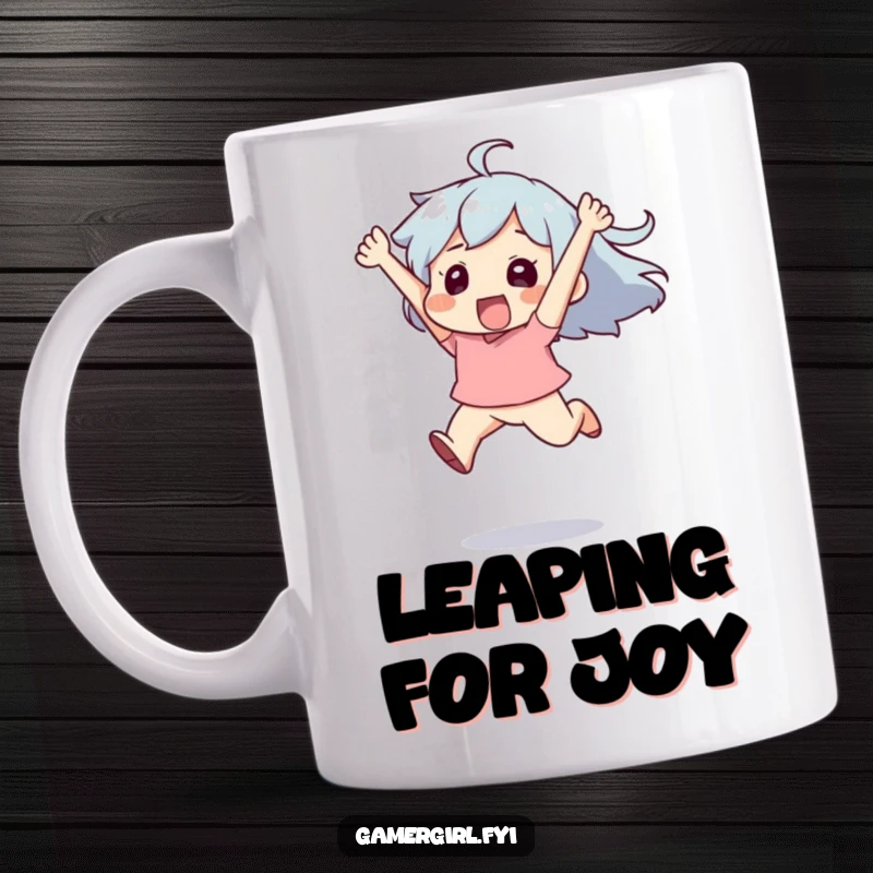 Funny mug showing a character leaping high in the air with pure exhilaration and uncontainable joy, embodying celebration.