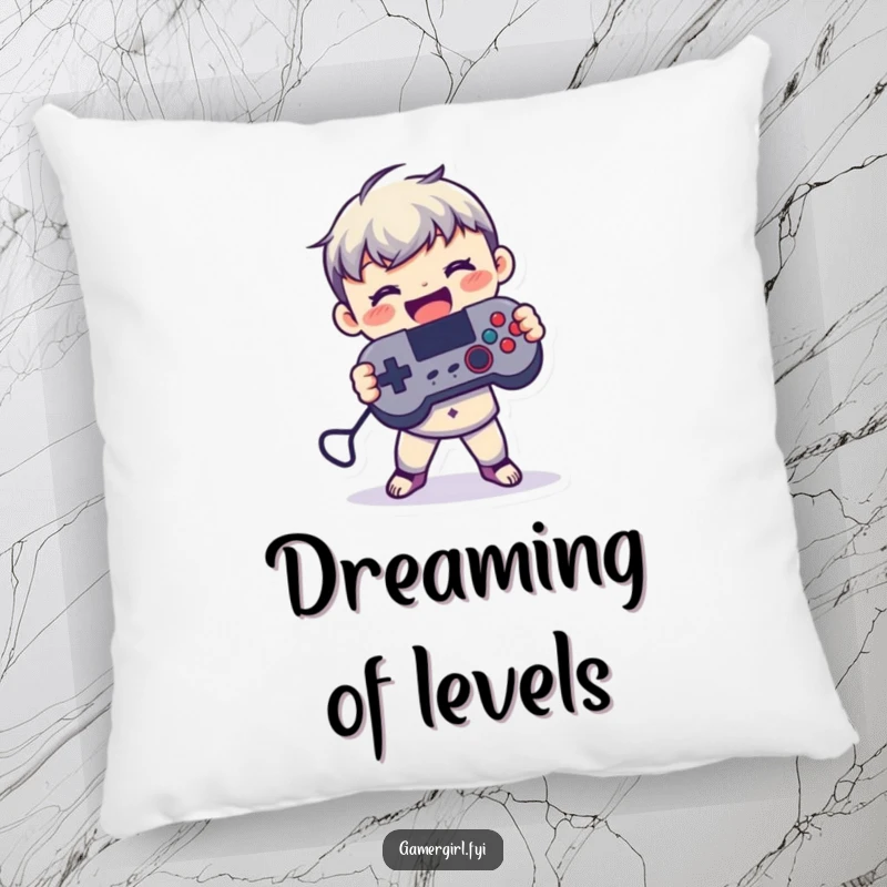 Funny pillow featuring a small figure joyfully holding a game controller with both hands, representing ultimate gaming comfort and happiness.