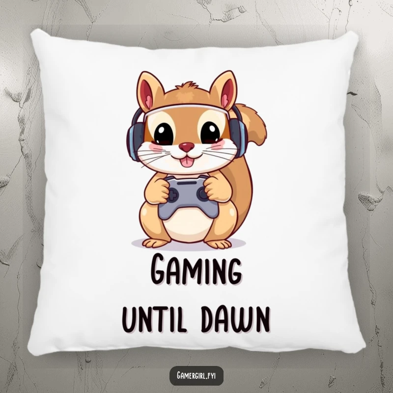 Funny pillow featuring a mischievous squirrel in a gamer headset, holding a controller. Cute and comfortable decor.