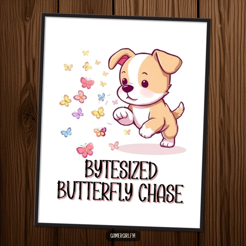 Funny digital art print of a playful puppy attempting to herd tiny, glowing pixelated butterflies. Whimsical wall art.