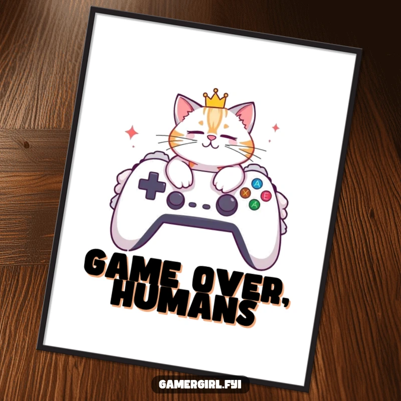 Funny digital art print of a stylish cat wearing a crown, lounging on a giant, fluffy gaming controller. Wall art.