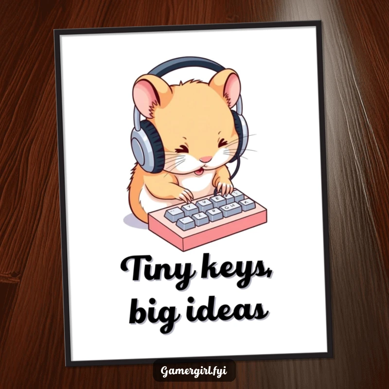 Funny digital art print of a determined hamster wearing large headphones and typing on a tiny keyboard, ideal for home decor.