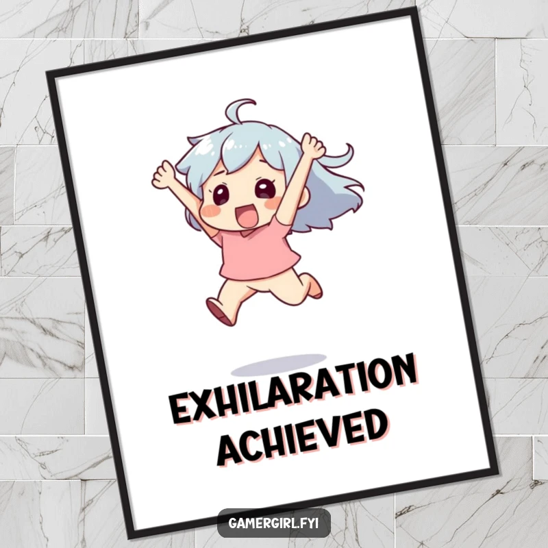 Funny digital art print of a character leaping high in the air with pure exhilaration, capturing a moment of ultimate joy.