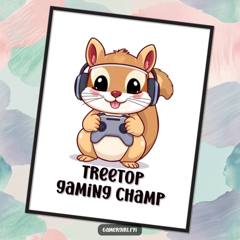 Funny digital art print of a mischievous squirrel wearing a gamer headset, holding a controller. Gamer wall art.
