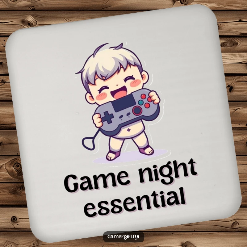 Funny drink coaster with a small figure joyfully holding a game controller with both hands, designating a fun gaming zone.