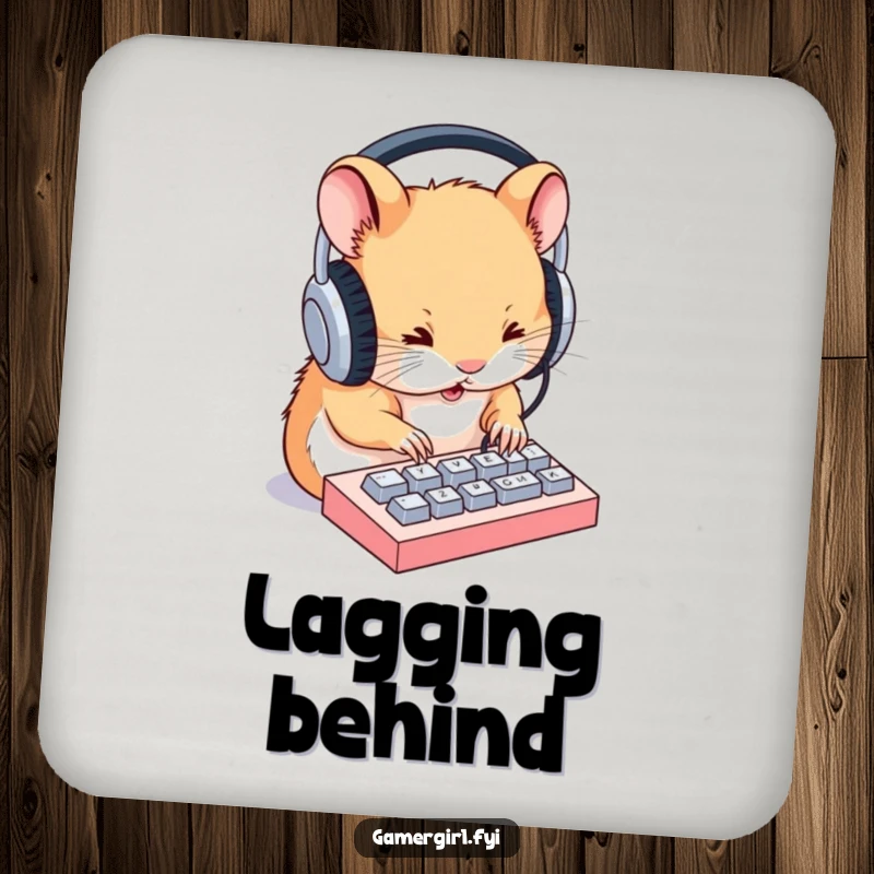 Funny drink coasters featuring a determined hamster in headphones typing on a small keyboard, adding humor to any living space.