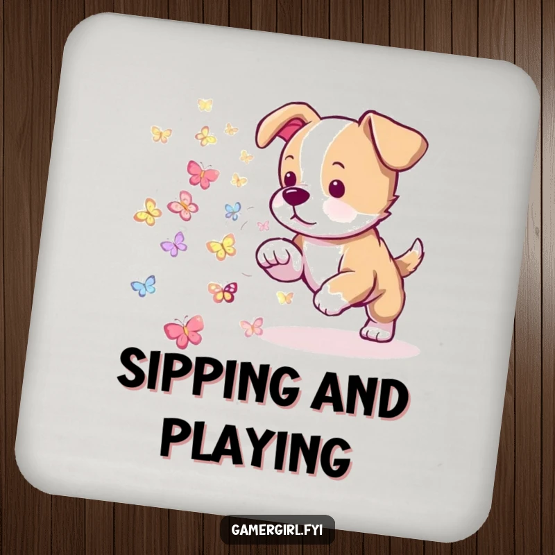 Funny drink coasters featuring a playful puppy herding tiny, glowing pixelated butterflies. Cute and functional home decor.