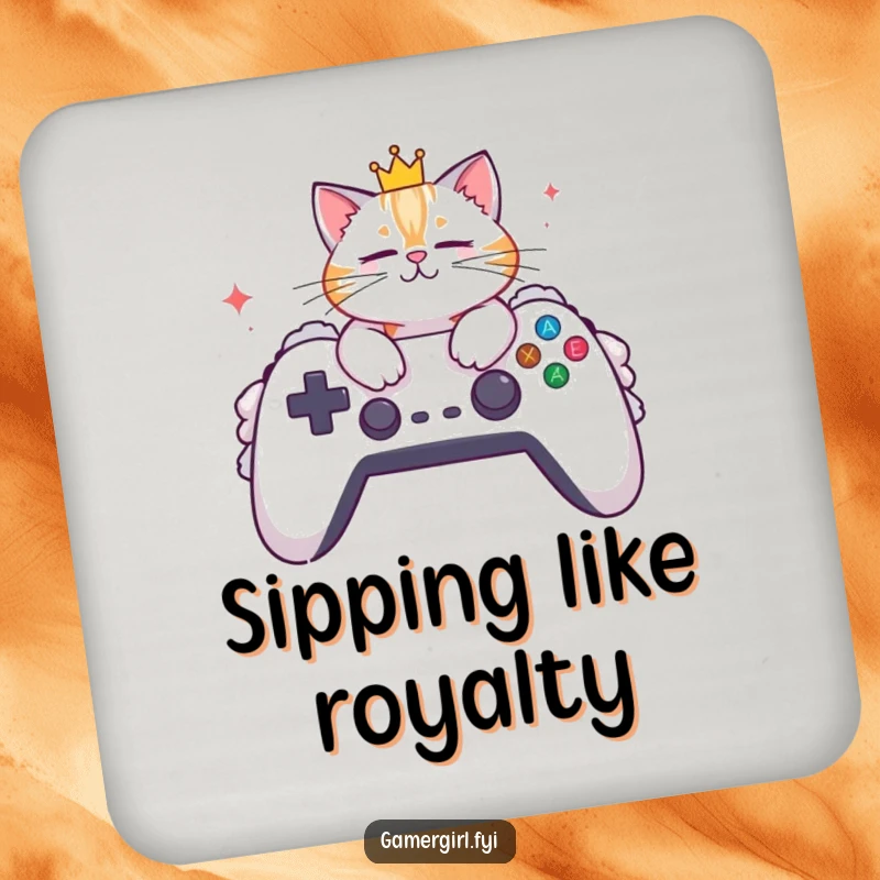 Funny drink coasters showcasing a crowned cat lounging on a large gaming controller. Perfect for protecting surfaces.