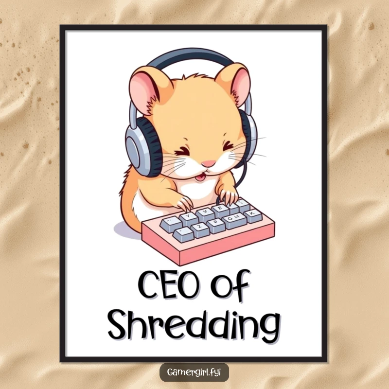 Funny poster print of a hamster wearing huge headphones, intensely typing on a miniature keyboard, adding humor to any wall.