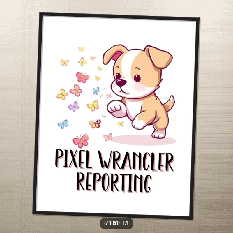 Funny poster print of a playful puppy attempting to herd a swarm of tiny, glowing pixelated butterflies. Whimsical wall art.