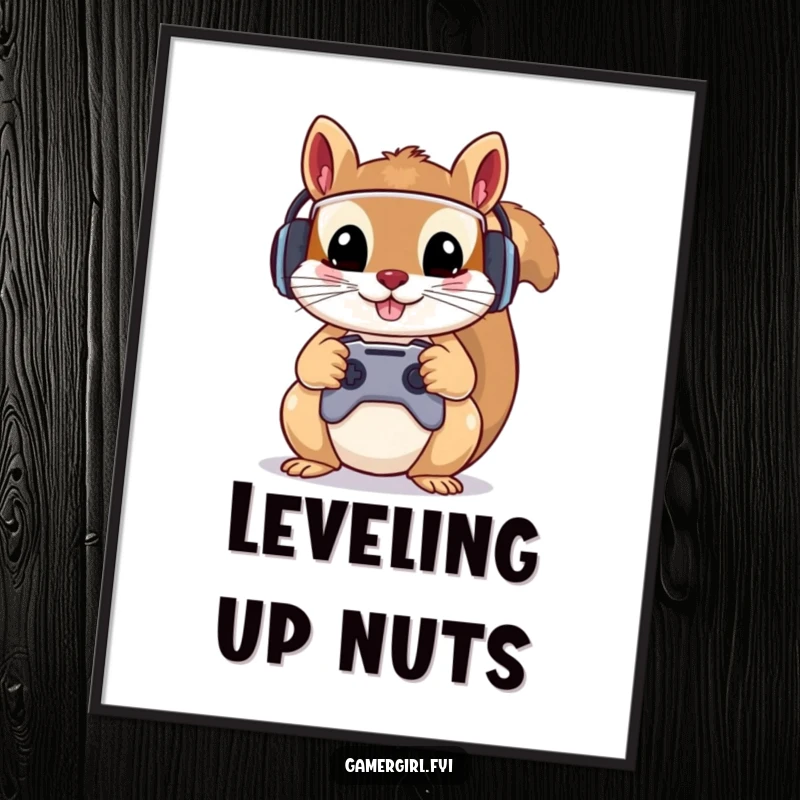 Funny poster print of a mischievous squirrel wearing a gamer headset, holding a controller with both paws. Gamer wall art.