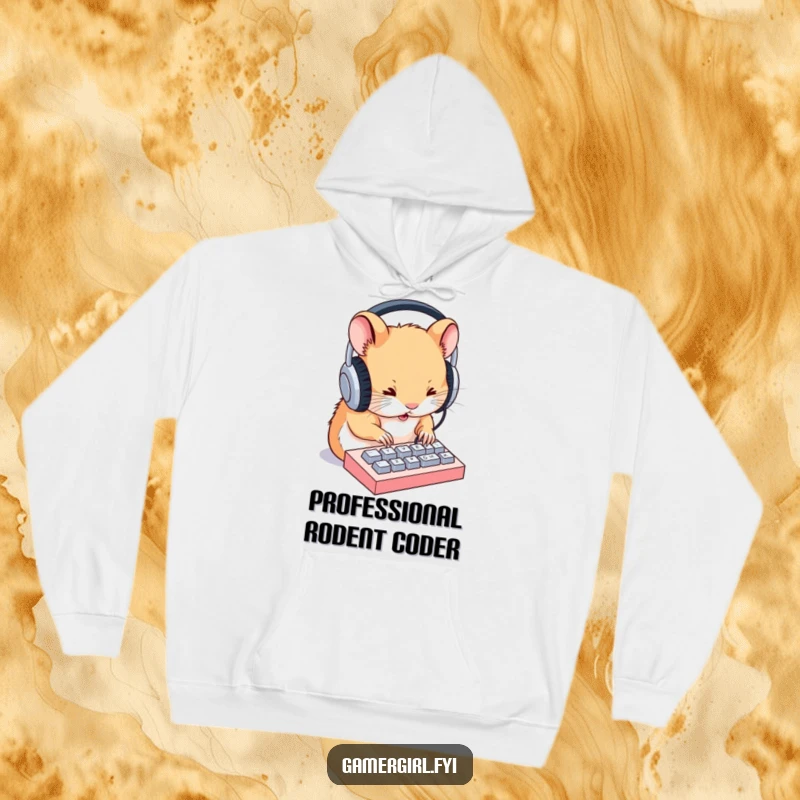 Funny hoodie depicting a focused hamster in oversized headphones, typing rapidly on a small keyboard, ideal for cozy gaming sessions.