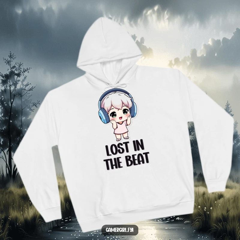 Funny hoodie depicting a small individual wearing oversized headphones, energetically grooving to music, radiating good vibes.