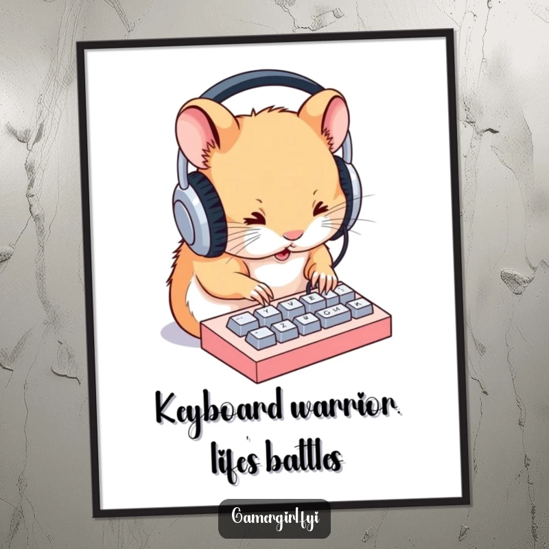 Funny Free Printable Wall Art: Determined hamster wearing headphones, frantically typing on a tiny keyboard.
