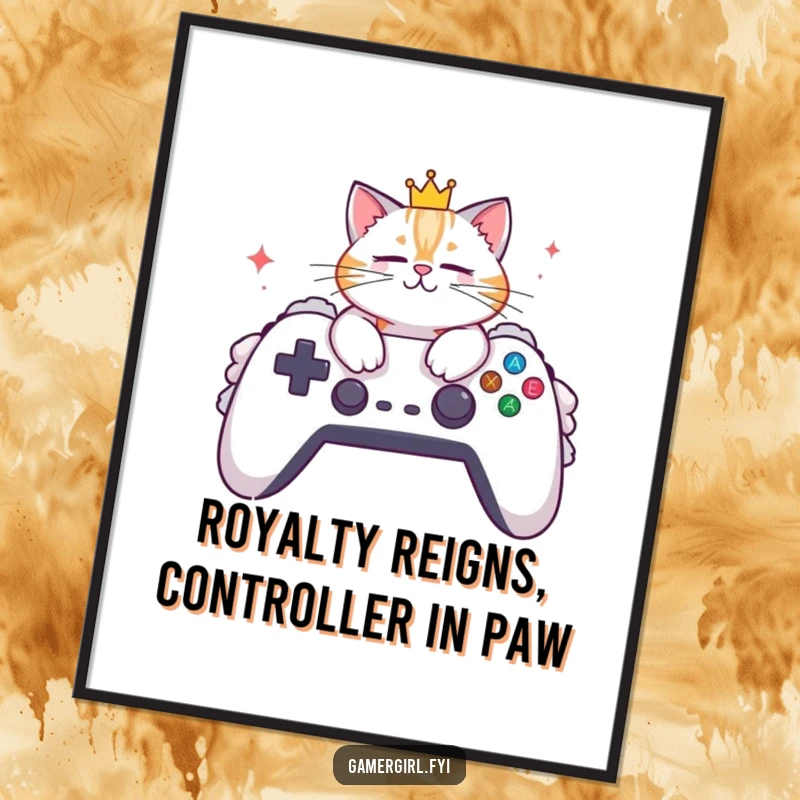 Funny Free Printable Wall Art: Stylish cat wearing a small crown, lounging on a giant gaming controller.
