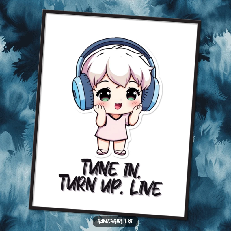 Funny Free Printable Wall Art: Small individual wearing oversized headphones, grooving energetically to music.