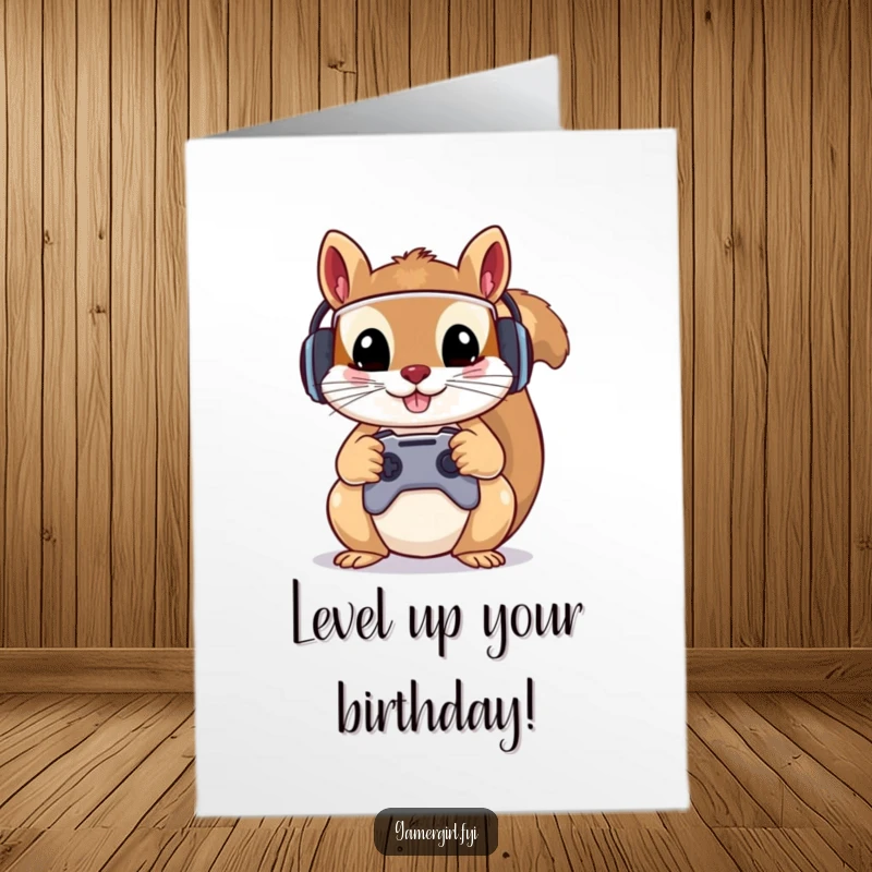 Funny Free Printable Birthday Card: Mischievous squirrel in gamer headset holding controller, celebrating birthday.