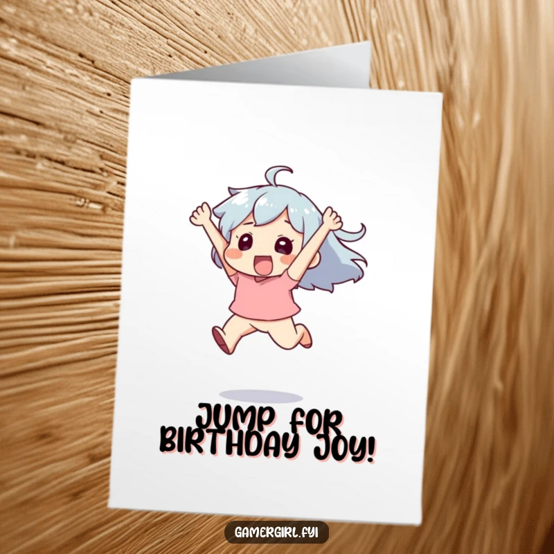 Funny Free Printable Birthday Card: Character leaping high in the air with pure exhilaration and joy.