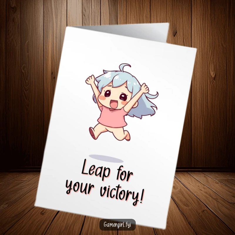 Funny Free Printable Congrats Card: Character leaping up in the air with pure exhilaration and triumph.