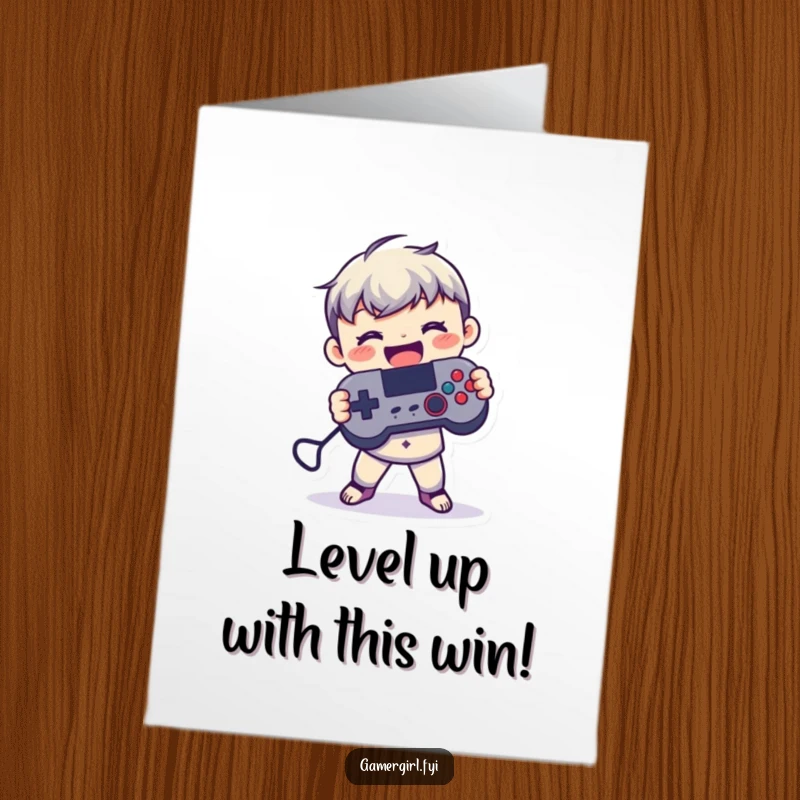 Funny Free Printable Congrats Card: Small figure joyfully holding a game controller, celebrating a win.