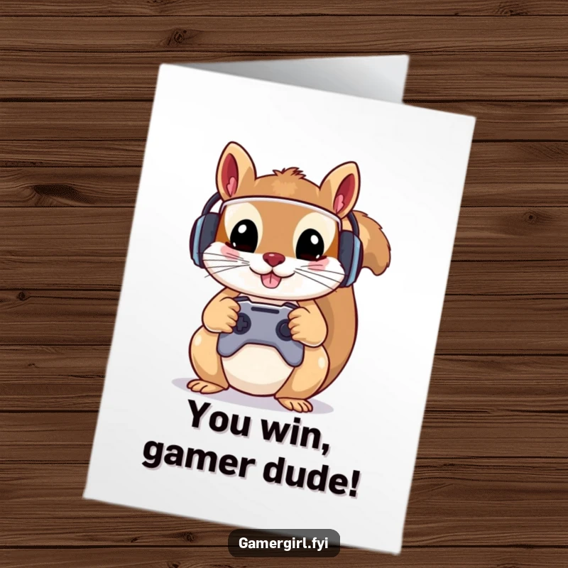 Funny Free Printable Congratulations Card: Mischievous squirrel wearing gamer headset, holding controller, celebrating win.