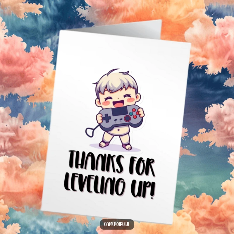 Funny Free Printable Thank You Card: Small figure joyfully holding a game controller, expressing thanks.