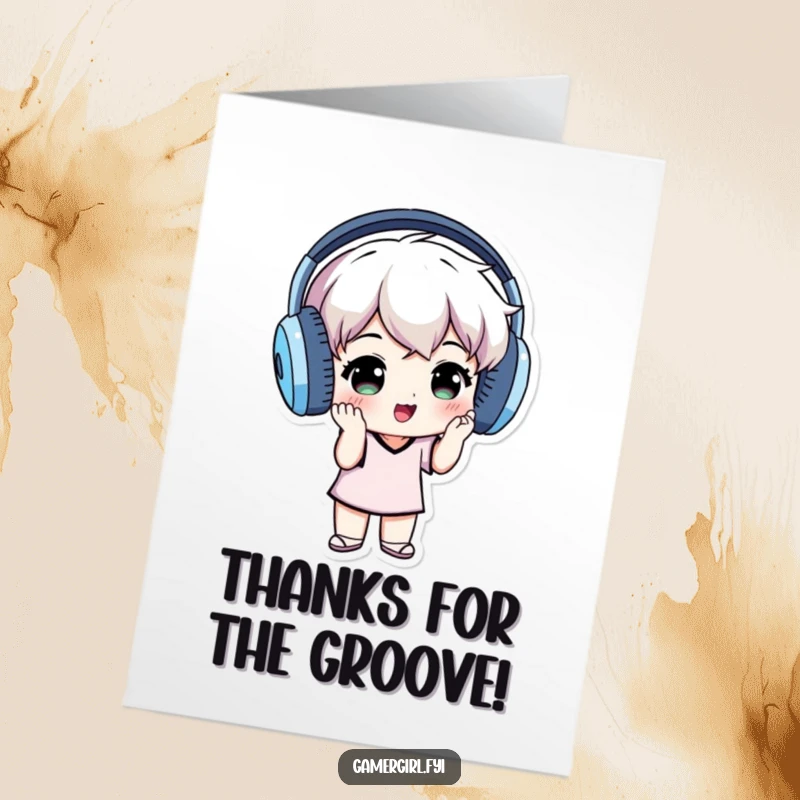 Funny Free Printable Thank You Card: Small individual wearing oversized headphones, grooving with thanks.