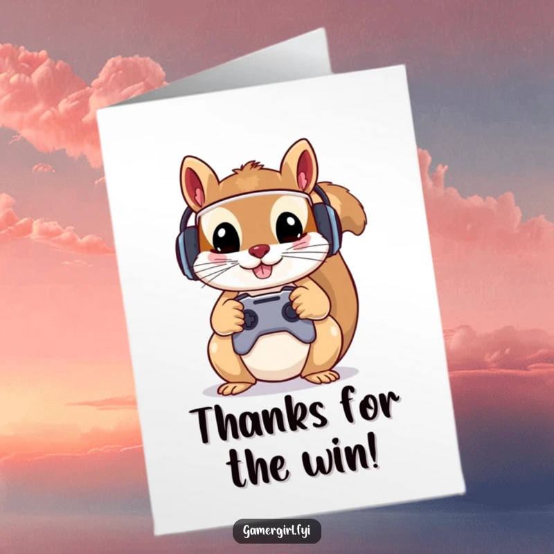 Funny Free Printable Thank You Card: Mischievous squirrel in gamer headset holding controller, expressing thanks.