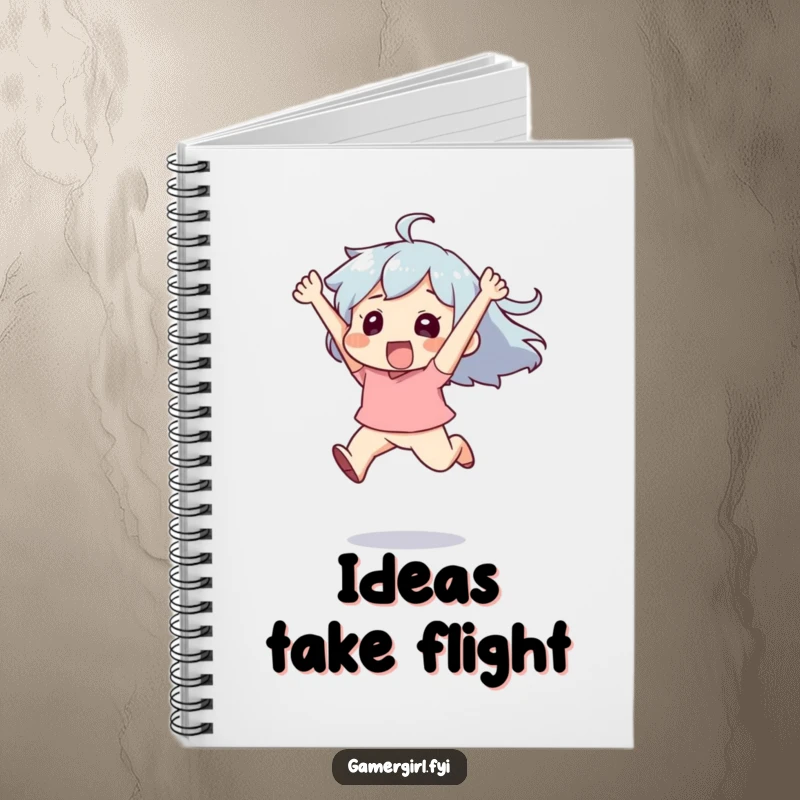 Funny notebook cover with a character leaping high in the air with pure exhilaration, symbolizing the start of inspired ideas.