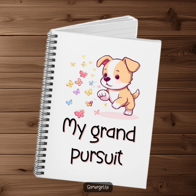 Funny notebook cover featuring a playful puppy herding glowing pixelated butterflies. Ideal for notes and journaling.