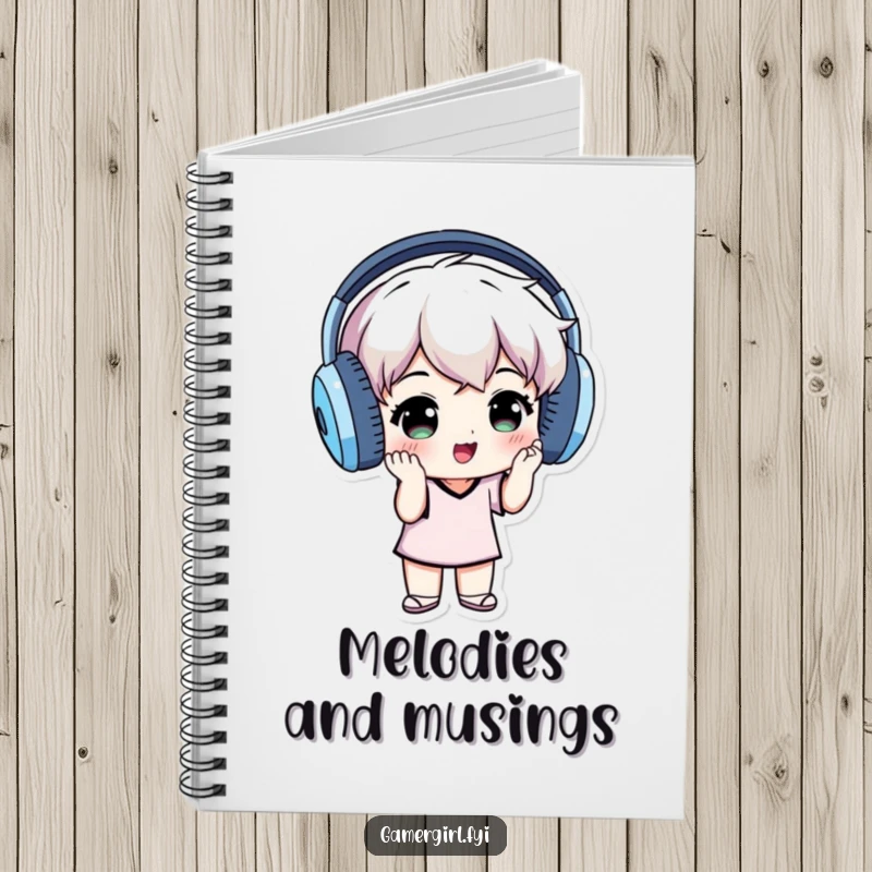 Funny notebook cover with a small individual wearing oversized headphones, grooving to music, symbolizing creative thought.
