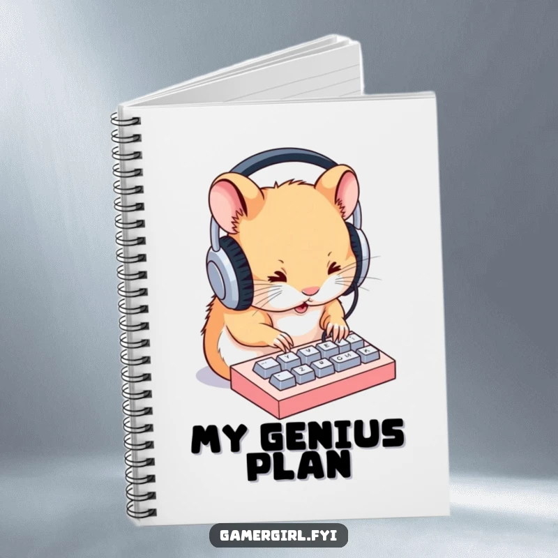 Funny notebook cover with a determined hamster wearing large headphones and typing on a miniature keyboard, for journaling and notes.