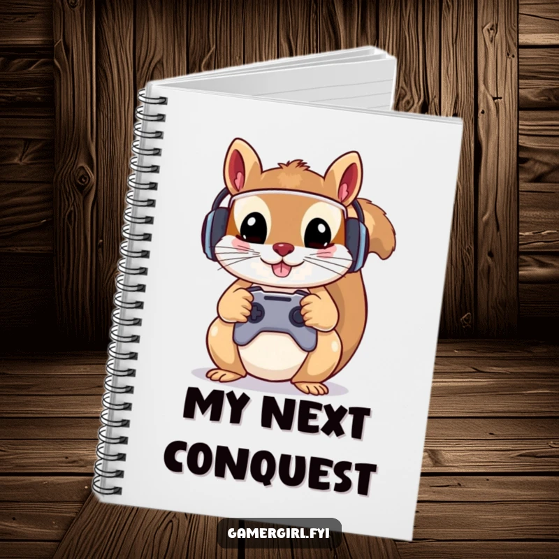 Funny notebook cover featuring a mischievous squirrel in a gamer headset, holding a controller. Ideal for notes and planning.
