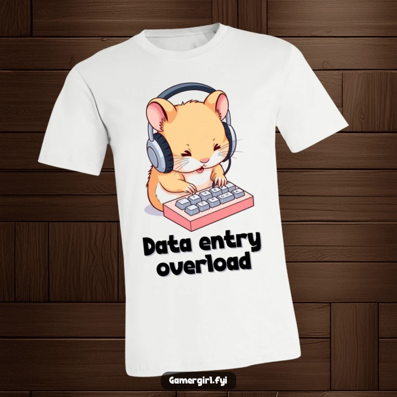 Funny t-shirt showcasing a tiny hamster wearing large headphones, intensely typing on a minuscule keyboard, perfect for tech enthusiasts.