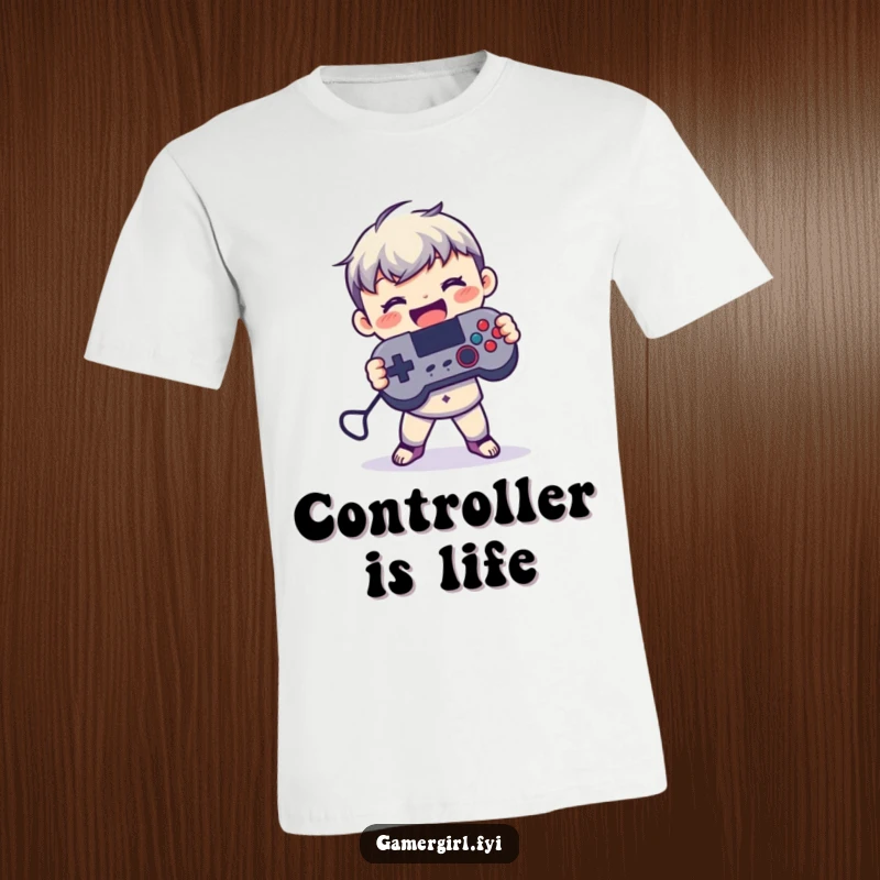 Funny t-shirt featuring a small figure embracing a game controller with both hands, radiating pure gaming happiness and concentration.