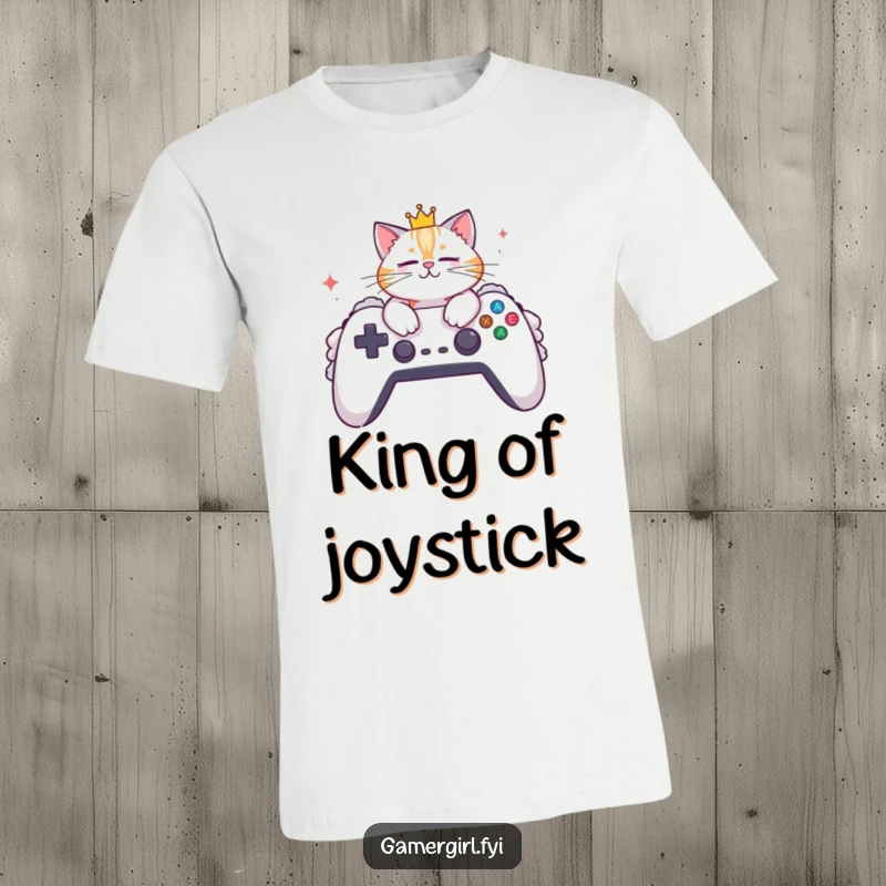 Funny t-shirt depicting a fashionable cat wearing a tiny crown, lounging on a massive, plush gaming controller. Gamer apparel.